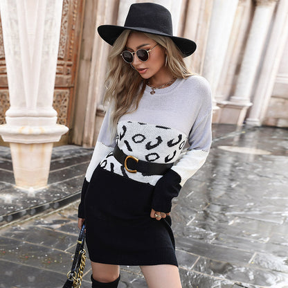 Leopard Print Color-Block Sweater Dress with Crewneck