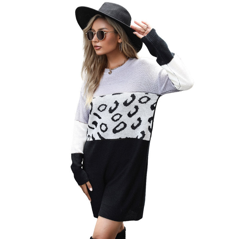 Leopard Print Color-Block Sweater Dress with Crewneck