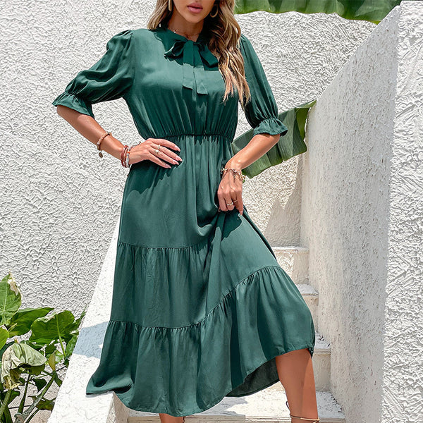 Solid Tiered Midi Dress with Bow Neck and Puff Sleeves