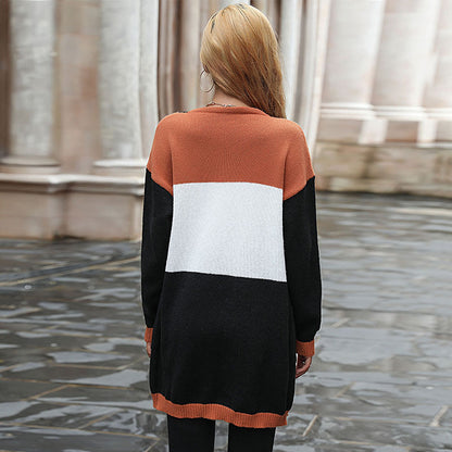 Color Block Longline Knit Cardigan with Patch Pockets