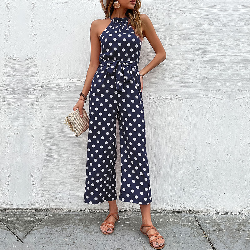 Polka Dot Wide-Leg Jumpsuit with Halter Neck and Tie Waist