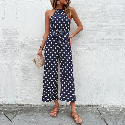 Polka Dot Wide-Leg Jumpsuit with Halter Neck and Tie Waist