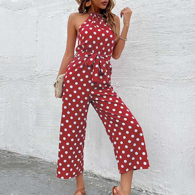 Polka Dot Wide-Leg Jumpsuit with Halter Neck and Tie Waist