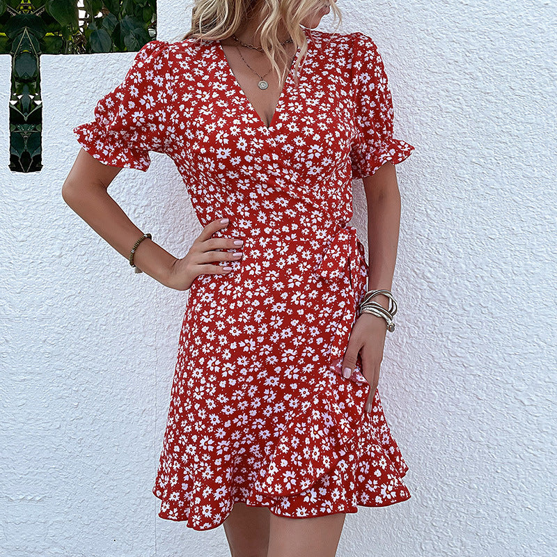 Floral A-Line Mini Dress with V-Neck and Ruffled Hem