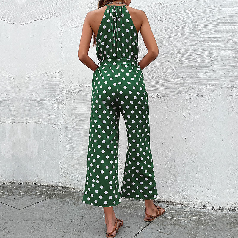 Polka Dot Wide-Leg Jumpsuit with Halter Neck and Tie Waist