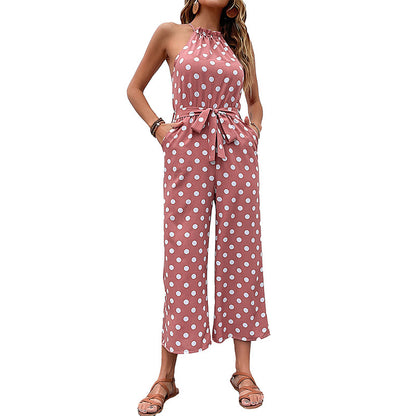 Polka Dot Wide-Leg Jumpsuit with Halter Neck and Tie Waist