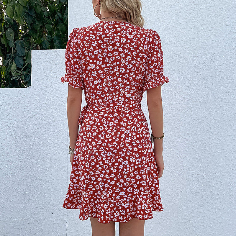 Floral A-Line Mini Dress with V-Neck and Ruffled Hem