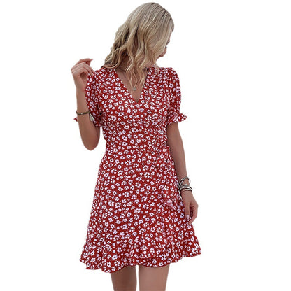 Floral A-Line Mini Dress with V-Neck and Ruffled Hem