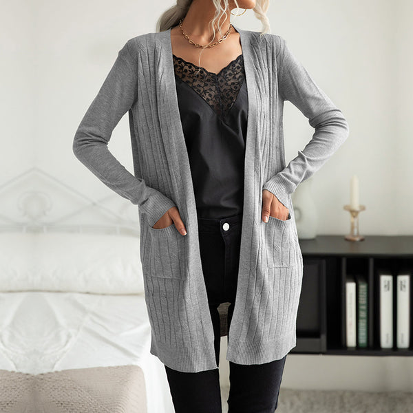 Ribbed Cardigan with Long Length and Pockets