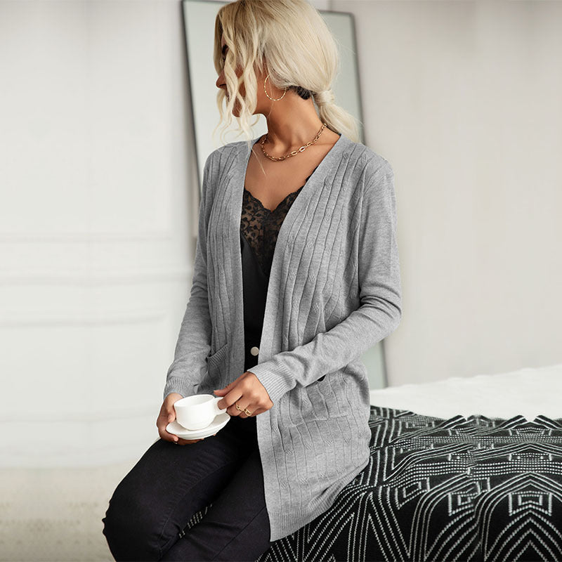 Ribbed Cardigan with Long Length and Pockets