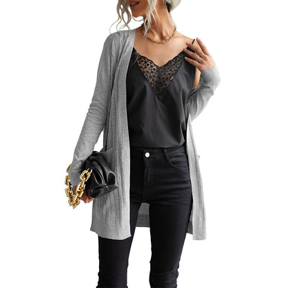 Ribbed Cardigan with Long Length and Pockets