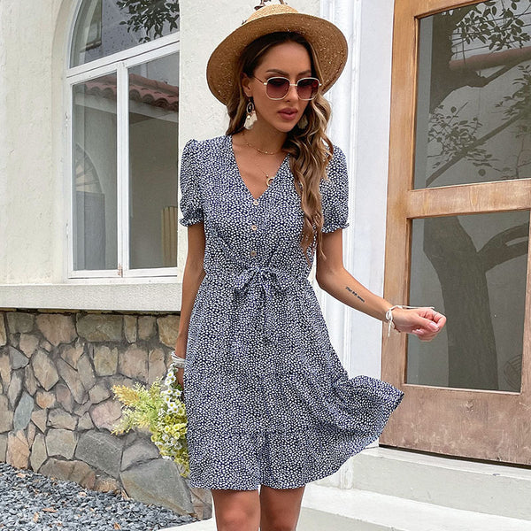 Small Floral Print A-Line Dress with V-Neck and Tie-Waist