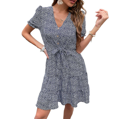 Small Floral Print A-Line Dress with V-Neck and Tie-Waist