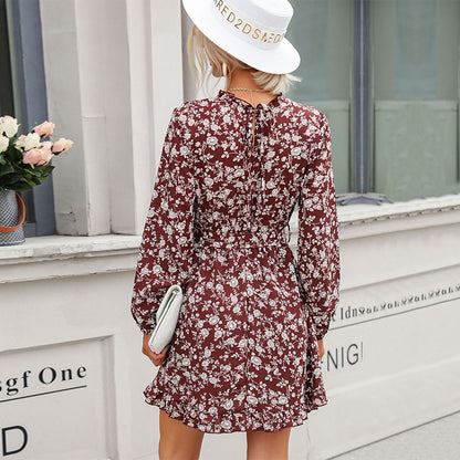 Floral Print A-Line Mini Dress with Stand Collar and Long Sleeves