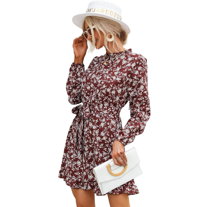 Floral Print A-Line Mini Dress with Stand Collar and Long Sleeves