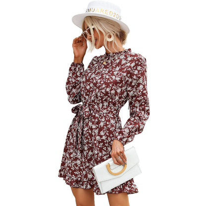 Floral Print A-Line Mini Dress with Stand Collar and Long Sleeves