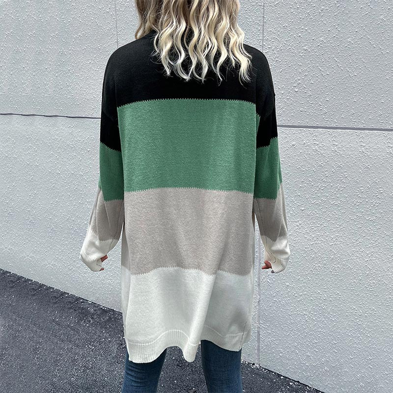 Color-Blocked Long Cardigan with Open Front and Loose Fit
