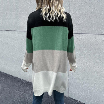Color-Blocked Long Cardigan with Open Front and Loose Fit