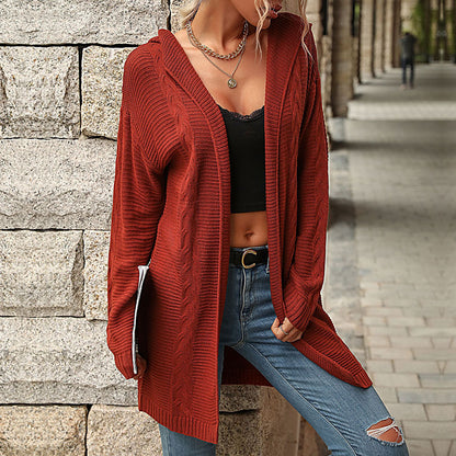 Oversized Cable-Knit Hooded Cardigan with Open Front