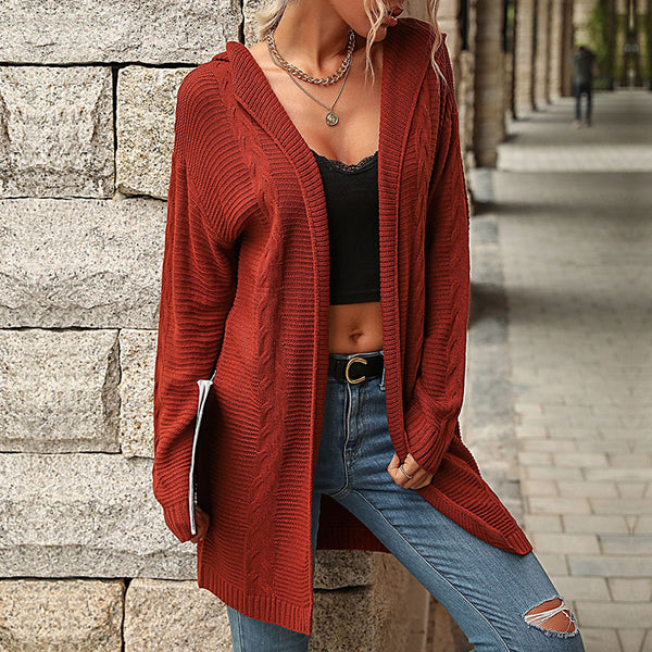 Oversized Cable-Knit Hooded Cardigan with Open Front