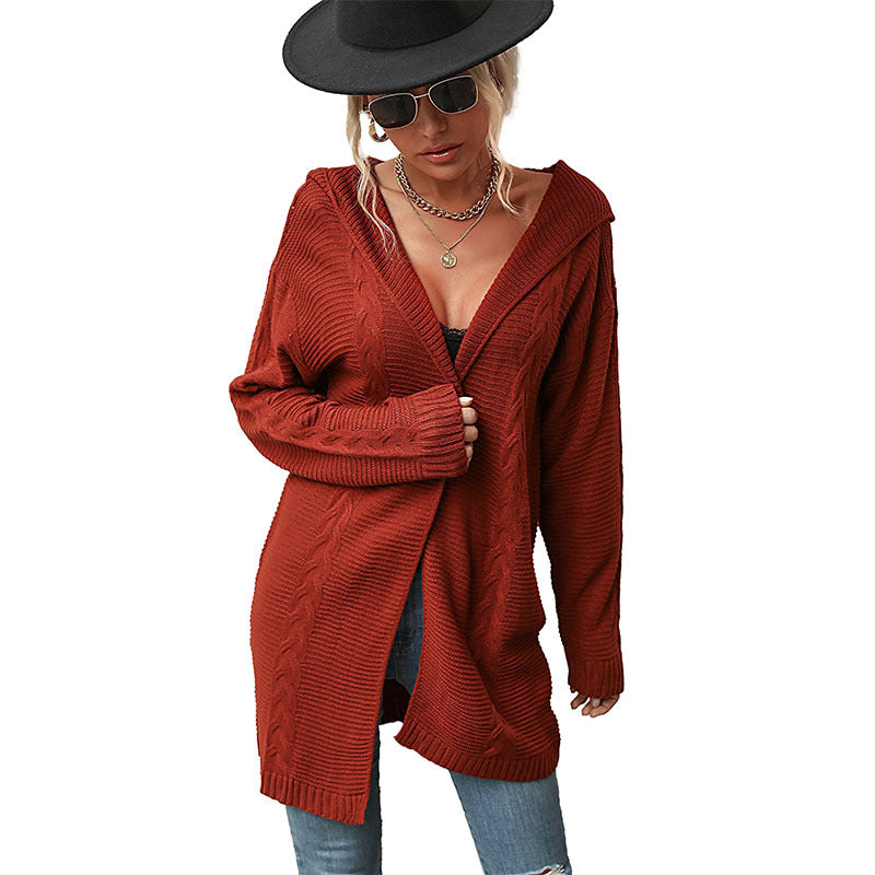 Oversized Cable-Knit Hooded Cardigan with Open Front