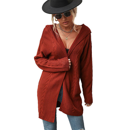 Oversized Cable-Knit Hooded Cardigan with Open Front