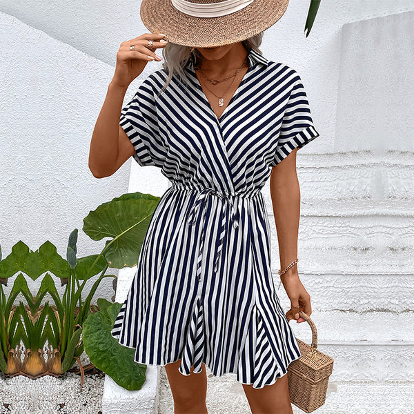 Striped Shirt Dress with Drawstring Waist and Ruffle Hem