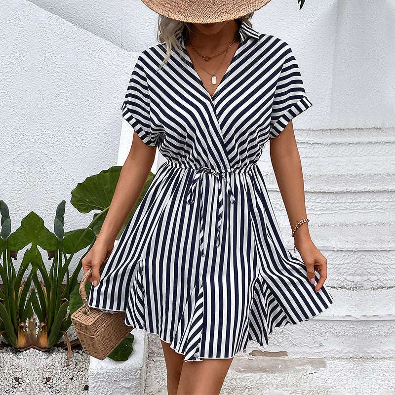 Striped Shirt Dress with Drawstring Waist and Ruffle Hem