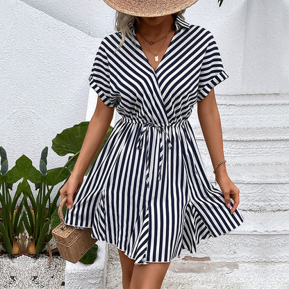 Striped Shirt Dress with Drawstring Waist and Ruffle Hem