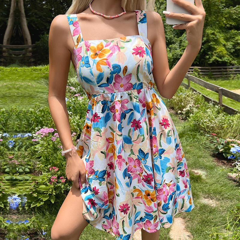 A-Line Mini Dress with Colorful Floral Print and Square Neck
