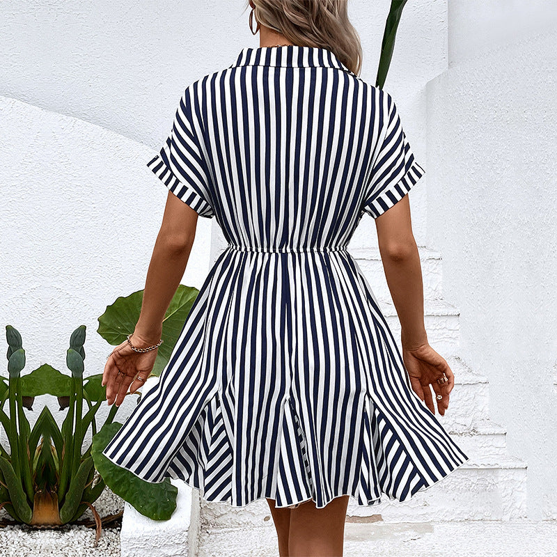 Striped Shirt Dress with Drawstring Waist and Ruffle Hem