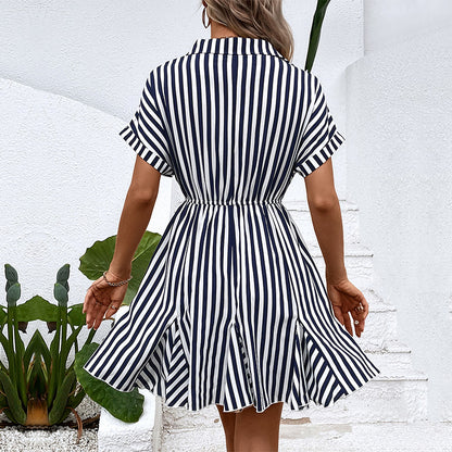Striped Shirt Dress with Drawstring Waist and Ruffle Hem