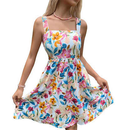 A-Line Mini Dress with Colorful Floral Print and Square Neck