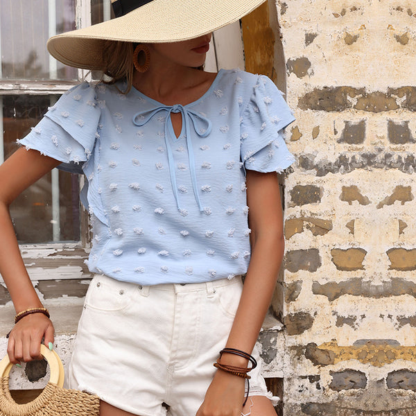 Jacquard Blouse with Tie-Front and Ruffle Sleeves