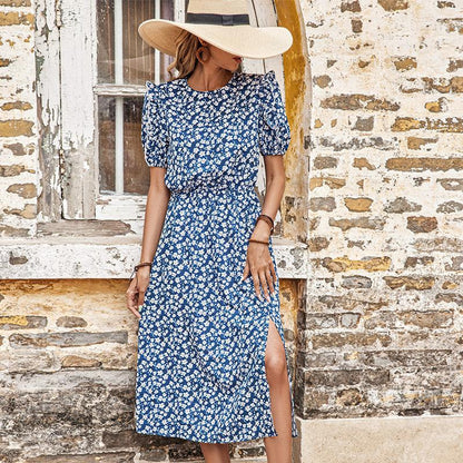 Floral A-Line Midi Dress with Puff Sleeves and Side Slit