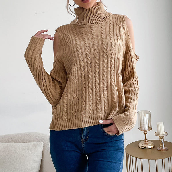 Solid Cable Knit Turtleneck Sweater with Cold Shoulder