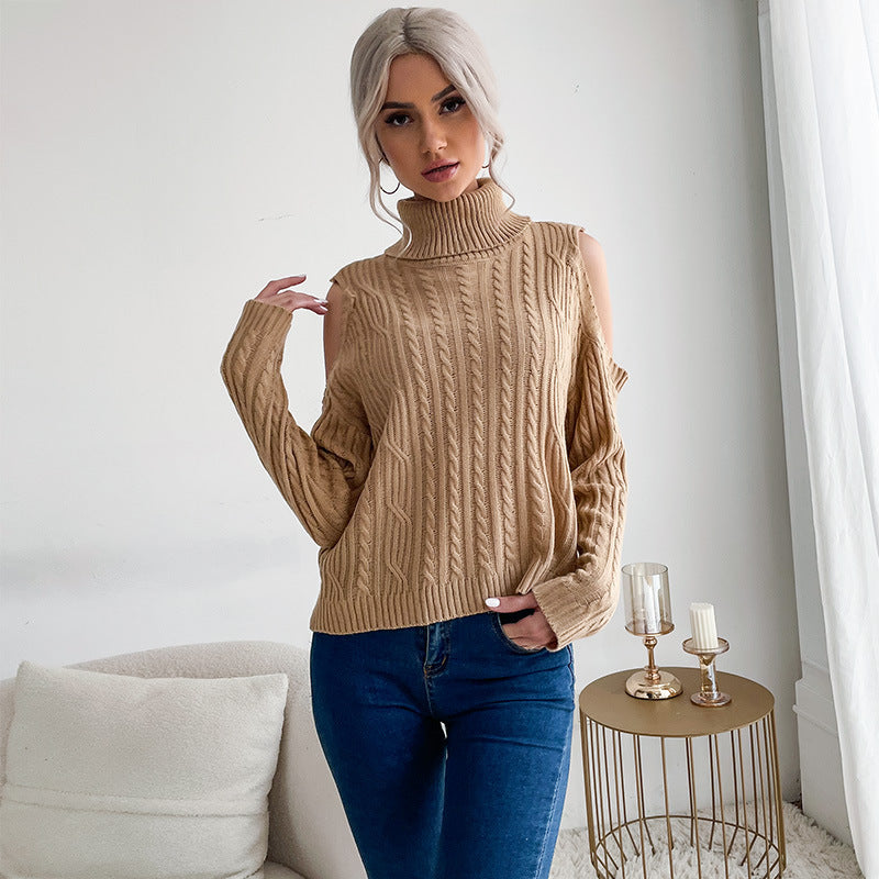 Solid Cable Knit Turtleneck Sweater with Cold Shoulder