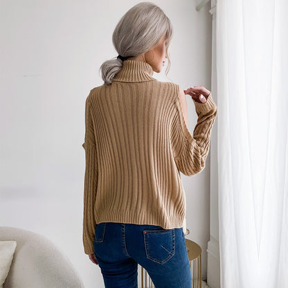 Solid Cable Knit Turtleneck Sweater with Cold Shoulder