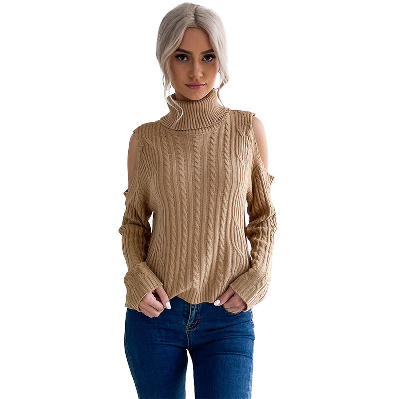 Solid Cable Knit Turtleneck Sweater with Cold Shoulder
