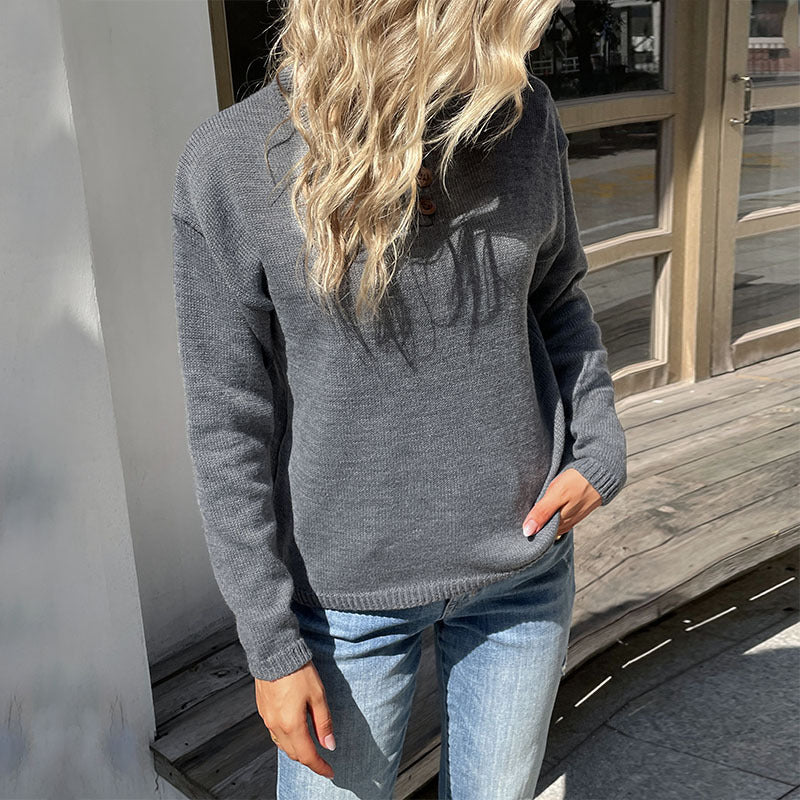 Loose Solid Color Knit Pullover with Buttoned Henley Neck