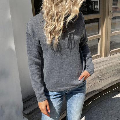 Loose Solid Color Knit Pullover with Buttoned Henley Neck