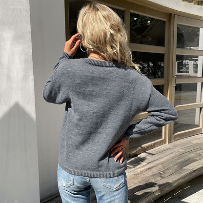 Loose Solid Color Knit Pullover with Buttoned Henley Neck