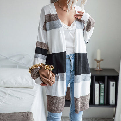Long Color-Blocked Sweater Cardigan with Open Front