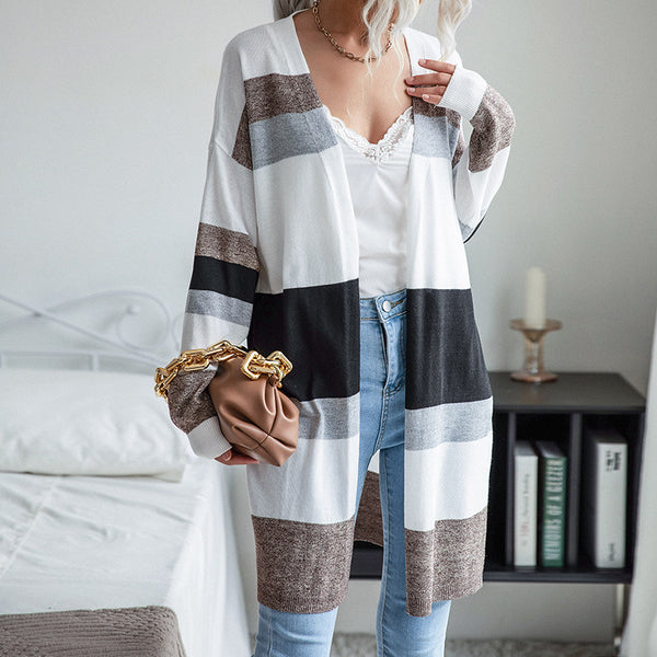Long Color-Blocked Sweater Cardigan with Open Front