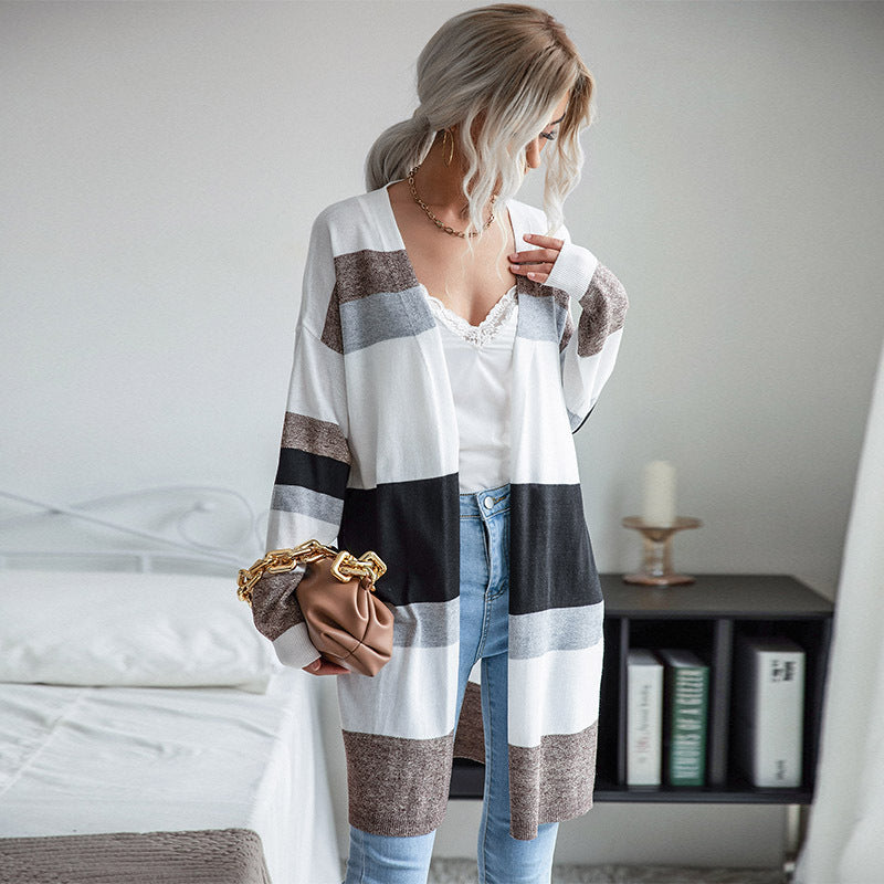 Long Color-Blocked Sweater Cardigan with Open Front