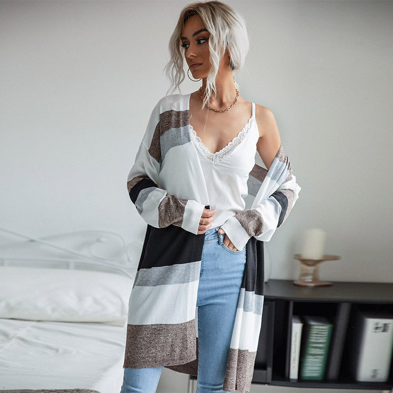 Long Color-Blocked Sweater Cardigan with Open Front