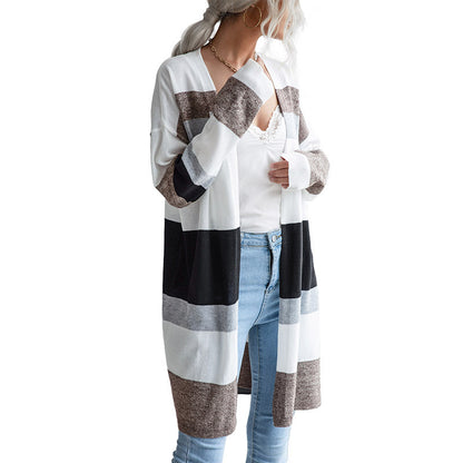 Long Color-Blocked Sweater Cardigan with Open Front