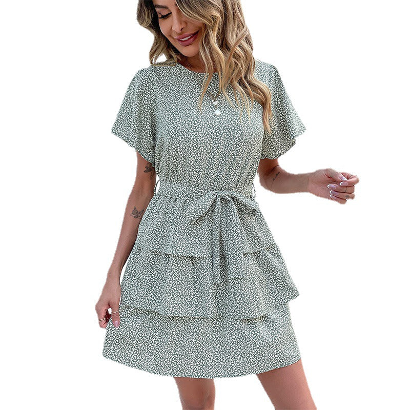 Leopard Print Tiered Mini Dress with Flutter Sleeves and Tie Waist