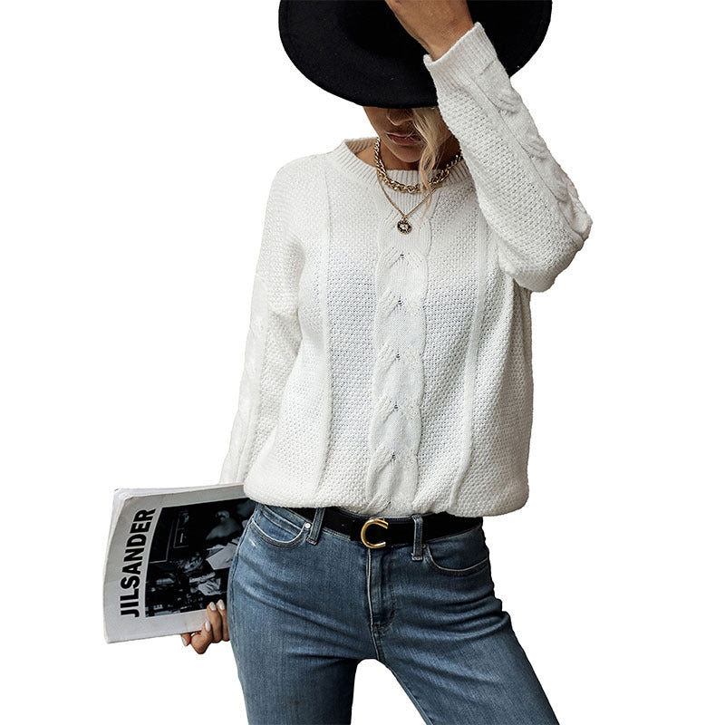 Loose Cable Knit Pullover with Crewneck and Long Sleeves