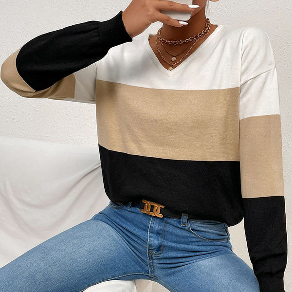 Color-Blocked V-Neck Knit Pullover with Long Sleeves